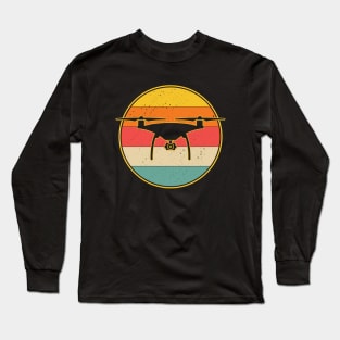 Retro Drone Pilot - Vintage Sunset Aviator Flying Quadcopter Long Sleeve T-Shirt